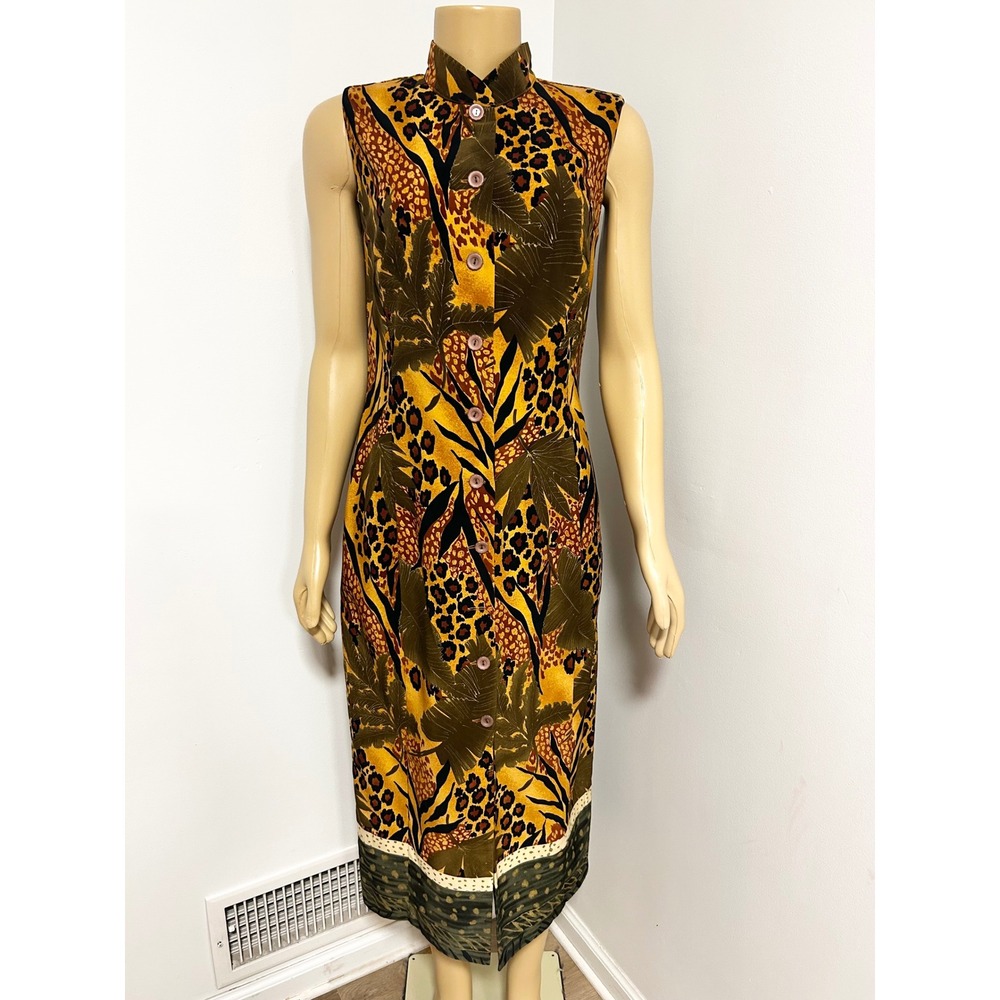 Y2K Olivia Rose Mixed Animal Tropical Print Sleeveless Midi Dress Gold Brown 8M